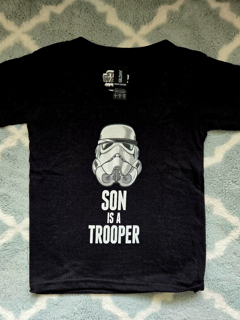 Gildan Kids Black Tee with Stormtrooper Graphic and 'Son Is A Trooper' Text